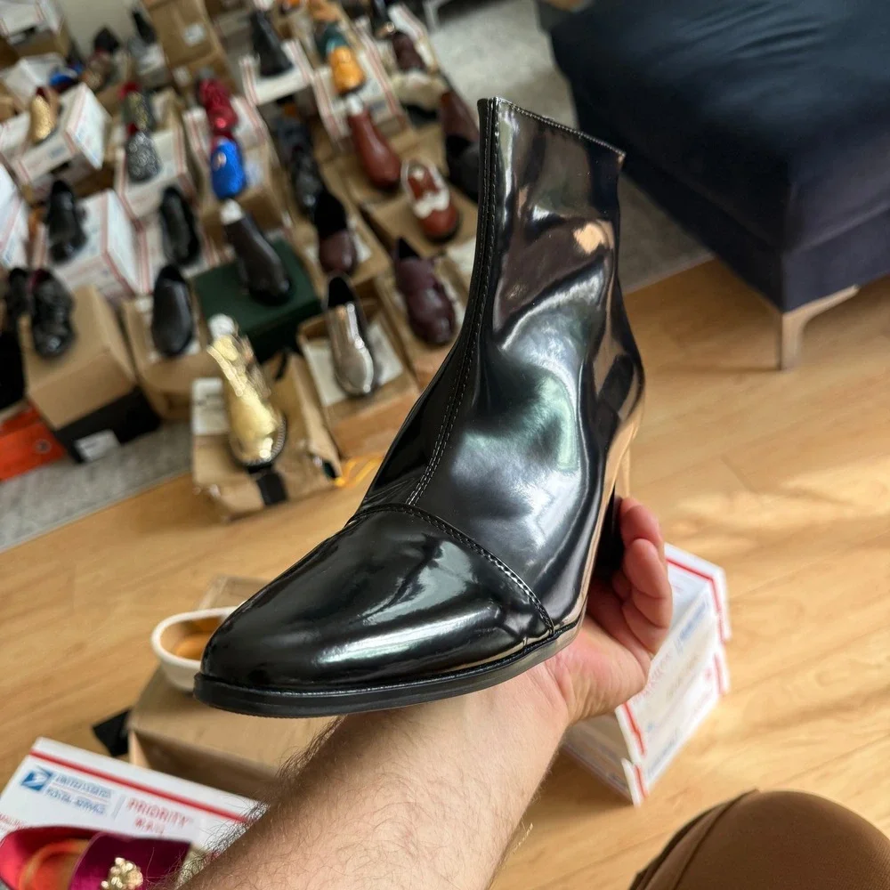 Santimon Mens Black US 9.5 Casual Patent Leather Chelsea Dress Boots Zipper on